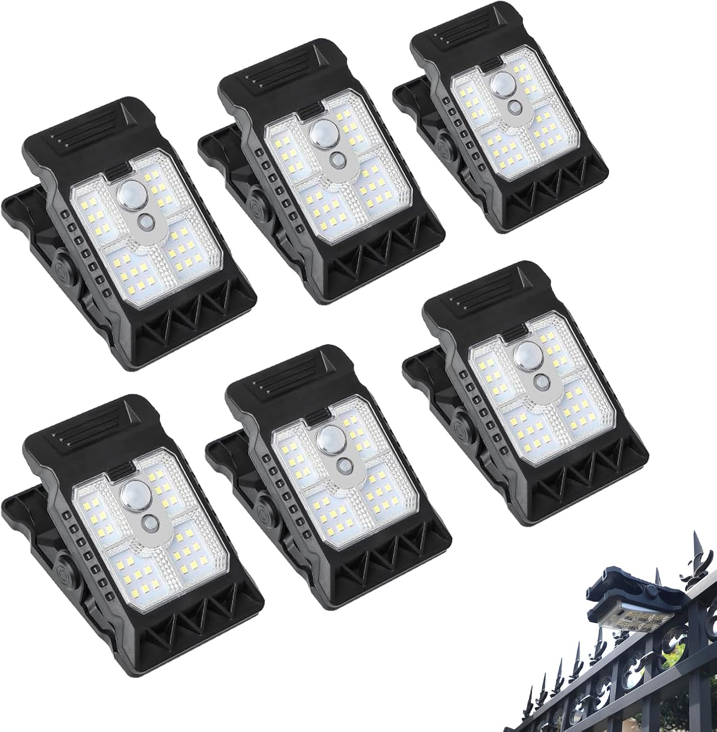 Solar Clip Light with Motion Sensor, Waterproof Clip on Solar Lights Outdoor for Fence, Deck & Garage, 3 Modes Wireless Security Lighting, Portable Clamp Solar Lights for Camping & Yard (6PCS)