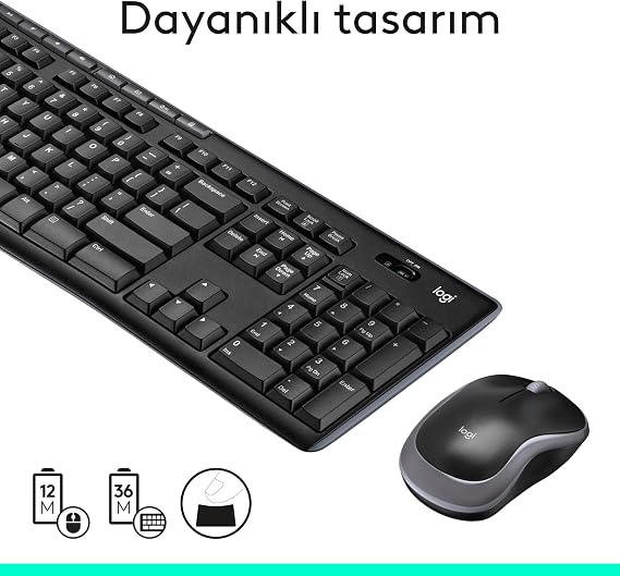 Logitech MK270 Wireless Keyboard Mouse Set, Full Size, Mouse Suitable for Right and Left Hand Use, 10 m Usage Distance, Liquid Spill Resistant, Turkish Q Keyboard, Black