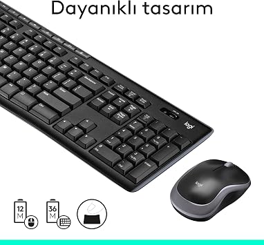 Logitech MK270 Wireless Keyboard Mouse Set, Full Size, Mouse Suitable for Right and Left Hand Use, 10 m Usage Distance, Liquid Spill Resistant, Turkish Q Keyboard, Black