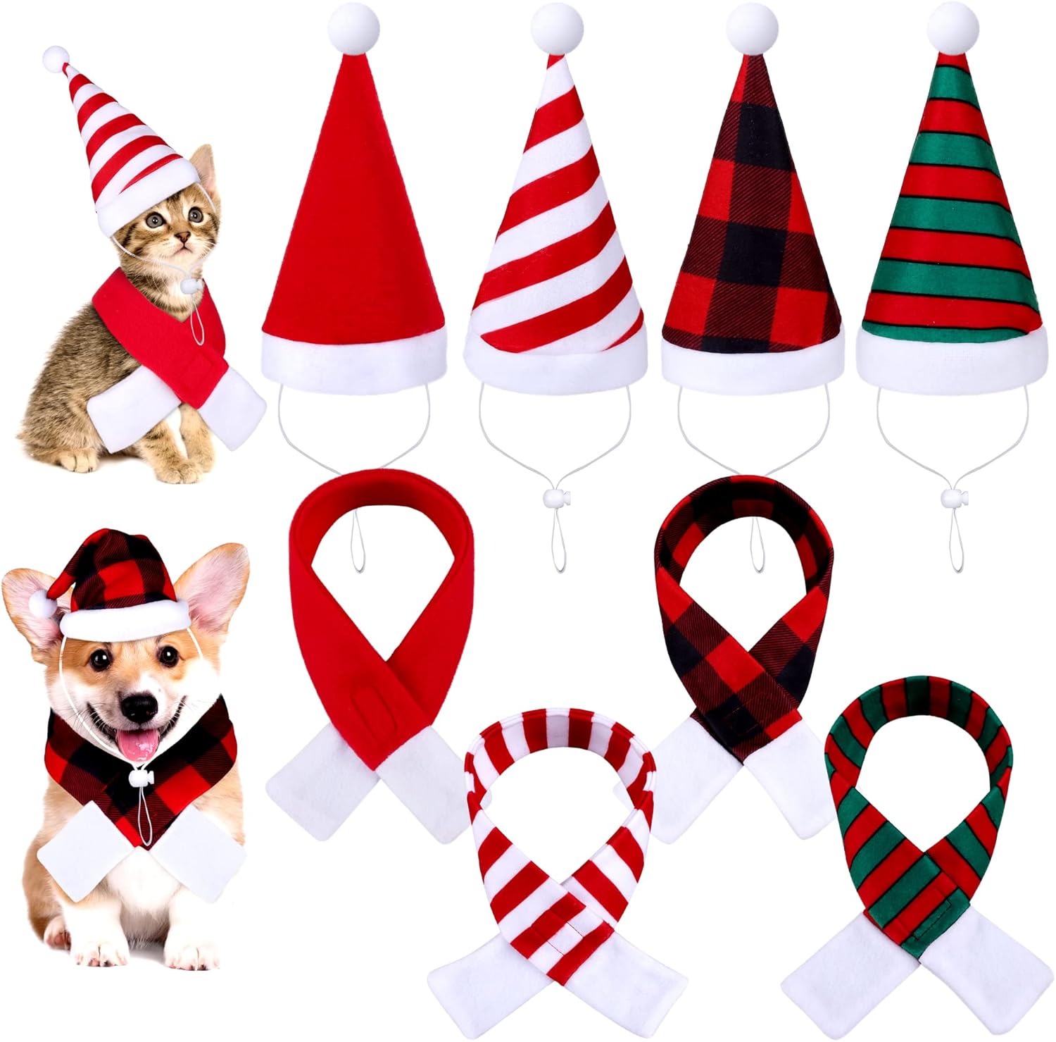 Pedgot 8 Pieces Pet Christmas Hat Scarf Set Adjustable