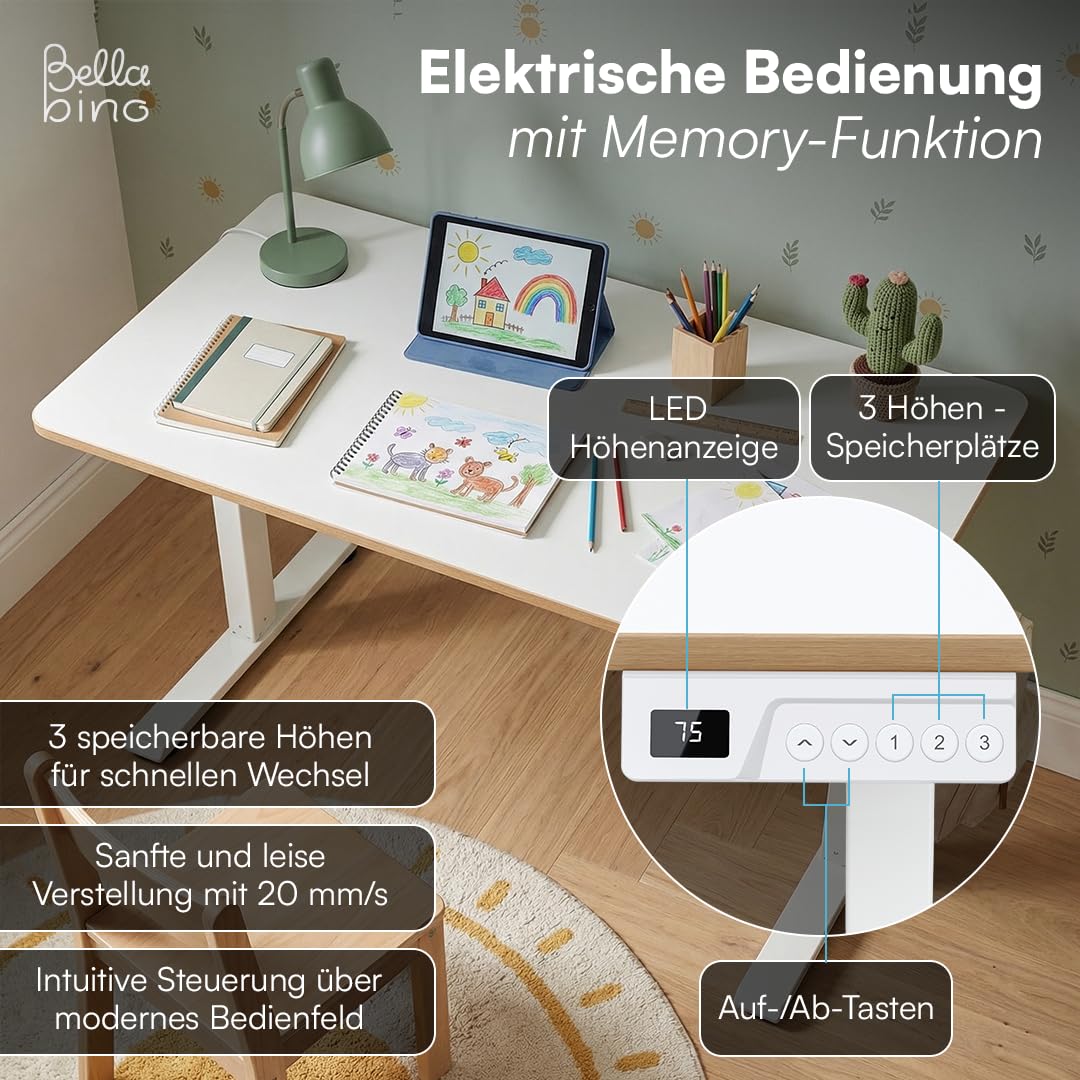 Bellabino Toro Kinderschreibtisch elektrisch höhenverstellbar – ergonomischer Schreibtisch für Kinderzimmer – Schülerschreibtisch ab 6 Jahren – LED-Höhenanzeige mit 3 Speicherplätzen & Kindersicherung