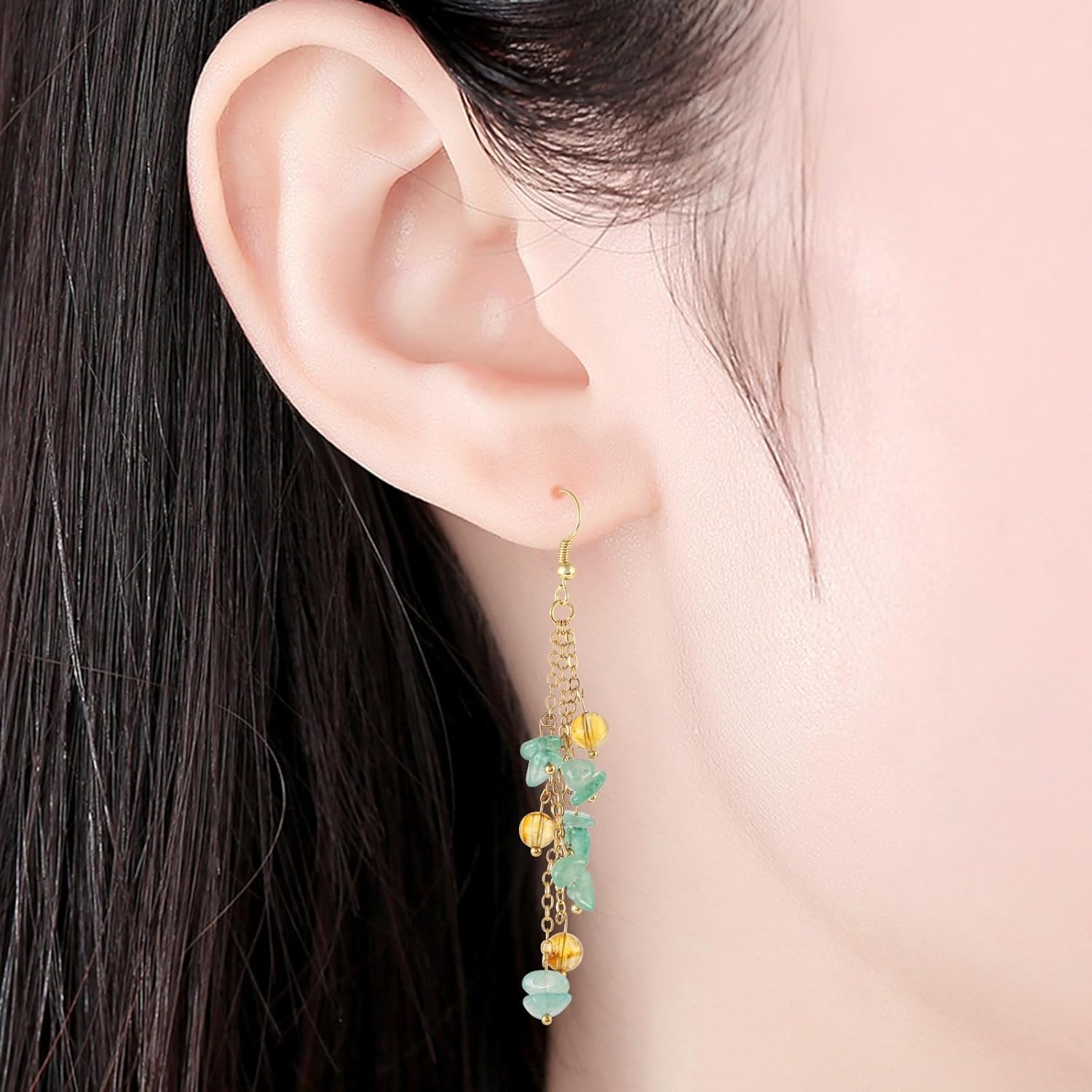 Nupuyai Handmade Dangle Earrings for Women Golden Long Chain Tumble Stone Earring Dangling - Image 5
