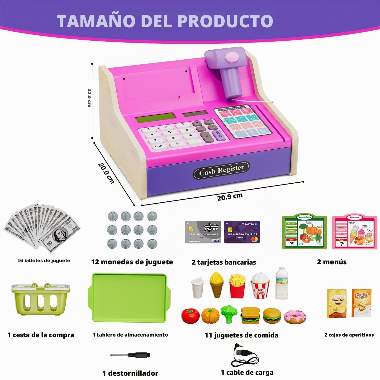 HYES Caja Registradora de Madera para Niños con Escáner y Sonido, Rosa