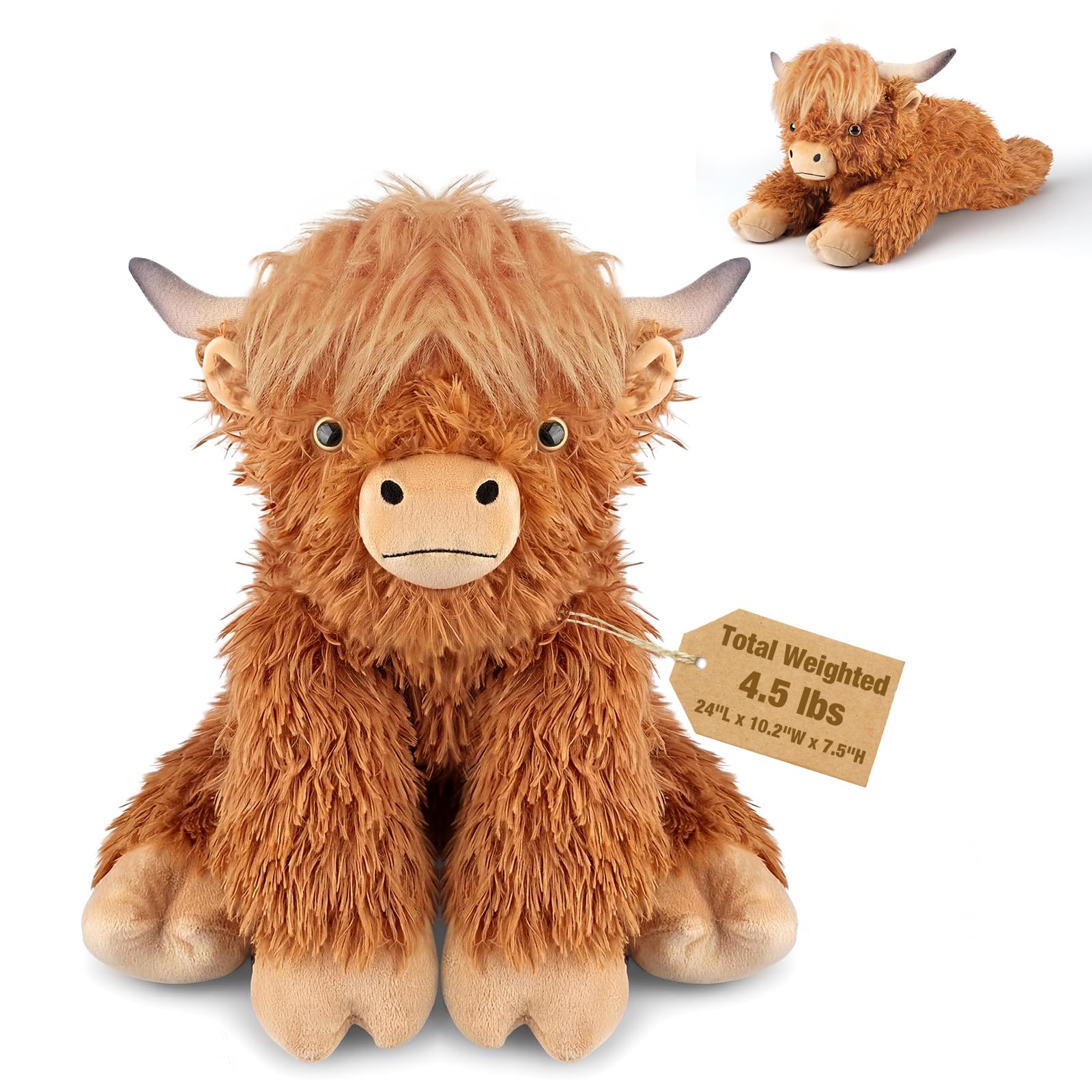 22" & 4.5 lbs Highland Cow Weighted Stuffed Animal, Adjustable Sitting & Laying Plush Toy Pillows with Removable Ceramsite Bag for Companion, Cuddly & Soft Gifts for Adults, Kids, Boys and Girls
