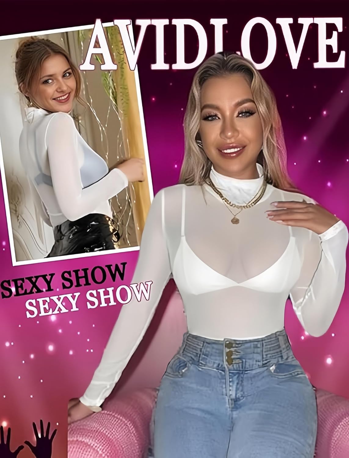 Avidlove Mesh Top for Women Long Sleeve See Through Shirt Mock Neck Sheer Blouse Clubwear Party XS-XXL - Image 5