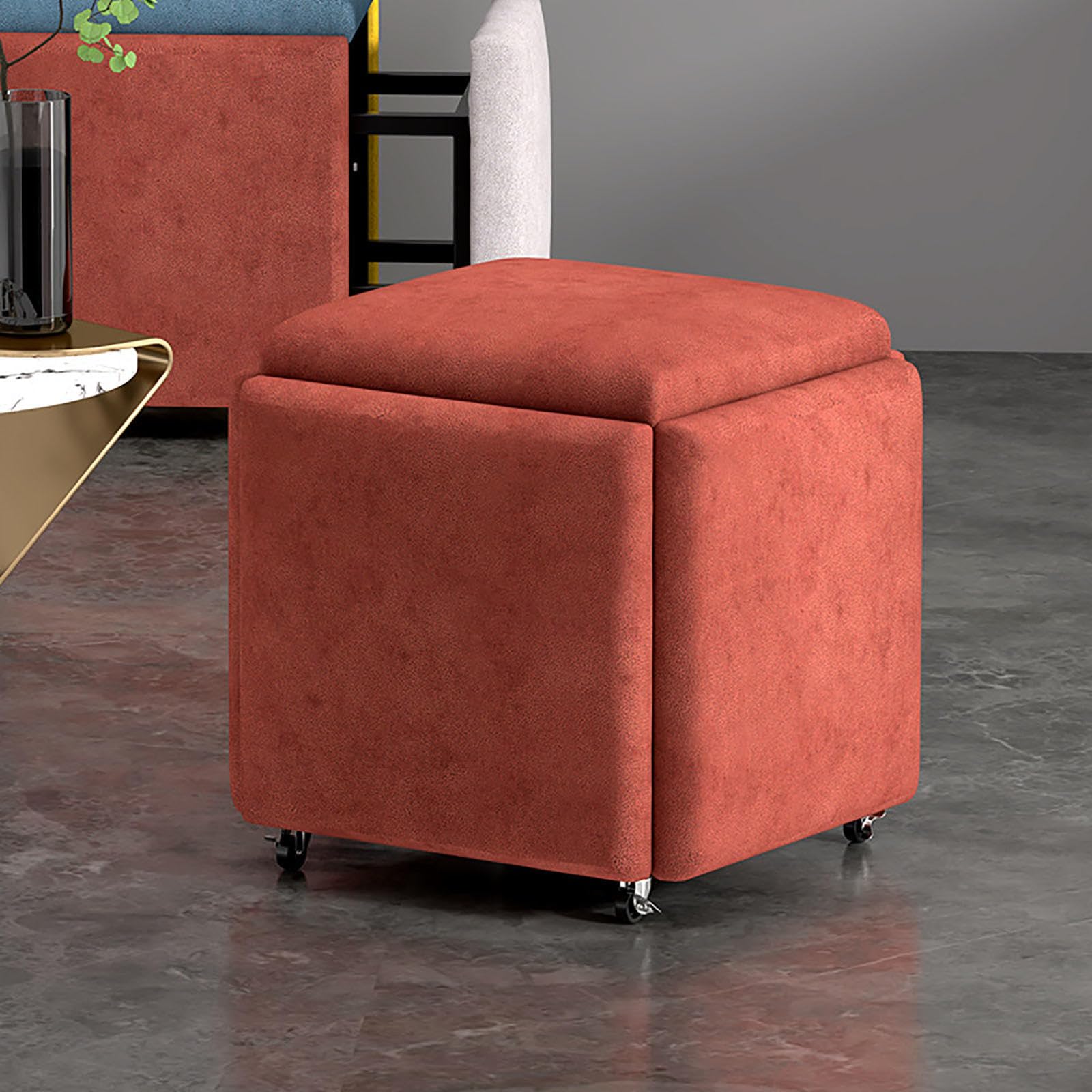 Pouf ottoman gigogne 5 en 1 bleu avec assises rembourrées et roulettes pour petit espace