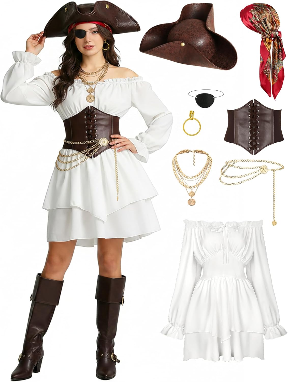 Vermeyen Pirate Costume Off Shoulder Dress Outfit with Pirate Hat Corset Necklace Bandana Headscarf Accessories