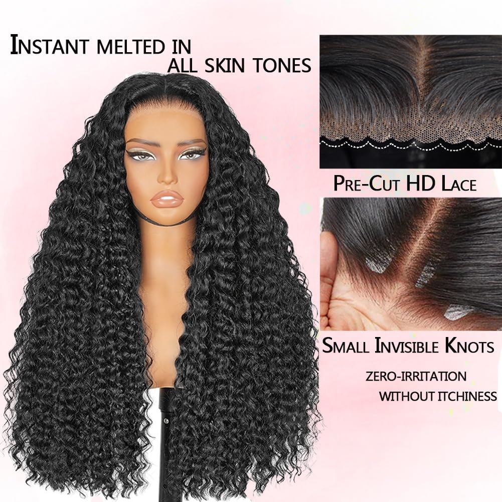 Glueless Wigs Human Hair Pre Plucked Pre Cut 210% Density Deep Wave 7x5 HD Lace Front Wigs Instant Wear and Go 26 Inch No Glue With Drawstring Brazilian Curly Human Hair Wig for Women
