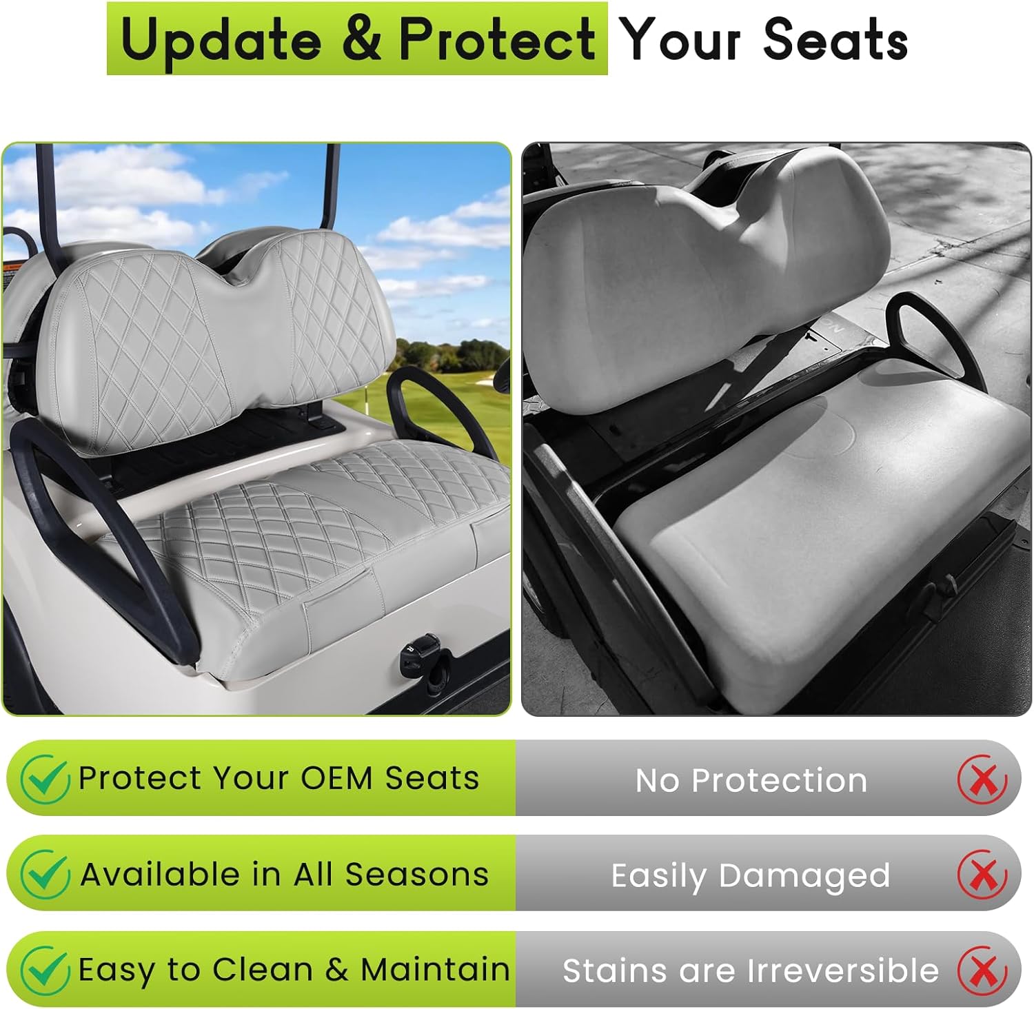Golf Cart Seat Cover Front and Rear Set of 2 Fit for Club Car Tempo OEM Ordinary Seats No Nails Required Easy to Install & Clean Gray Vinyl Leather Seat Cushion Covers