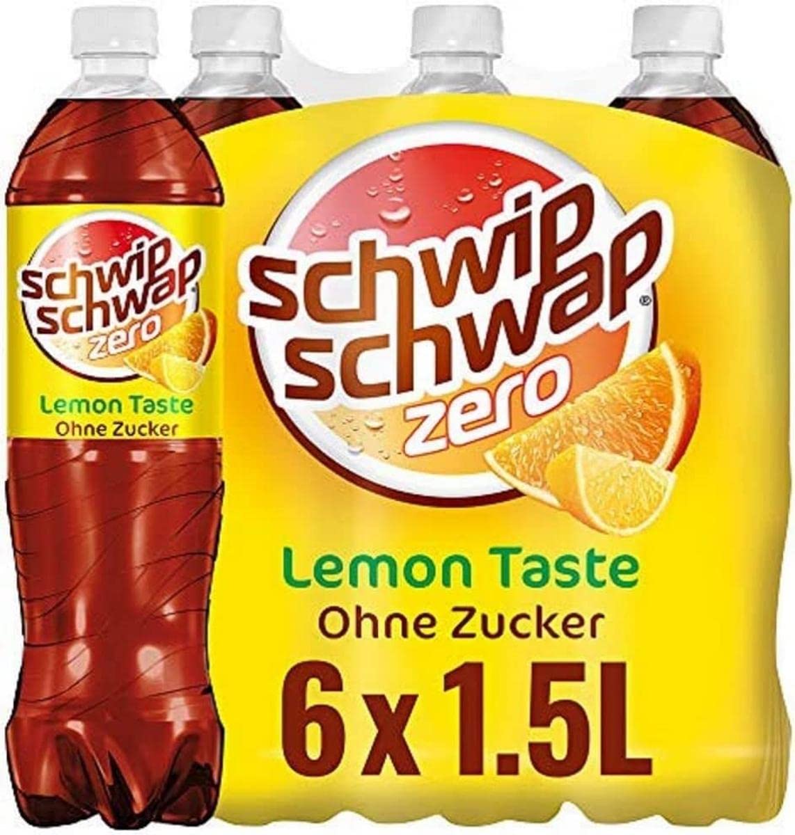 SCHWIPSCHWAP Lemon ohne Zucker – Koffeinhaltiges Cola-Erfrischungsgetränk mit Orange und Zitrone in Flaschen aus 100% recyceltem Material, EINWEG (6 x 1.5 l)