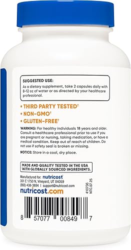 Miniatura 15 de Nutricost L-Citrulina 500 mg, 120 cápsulas – Sin gluten, sin OMG, 1000 mg por porción (60 Serv)