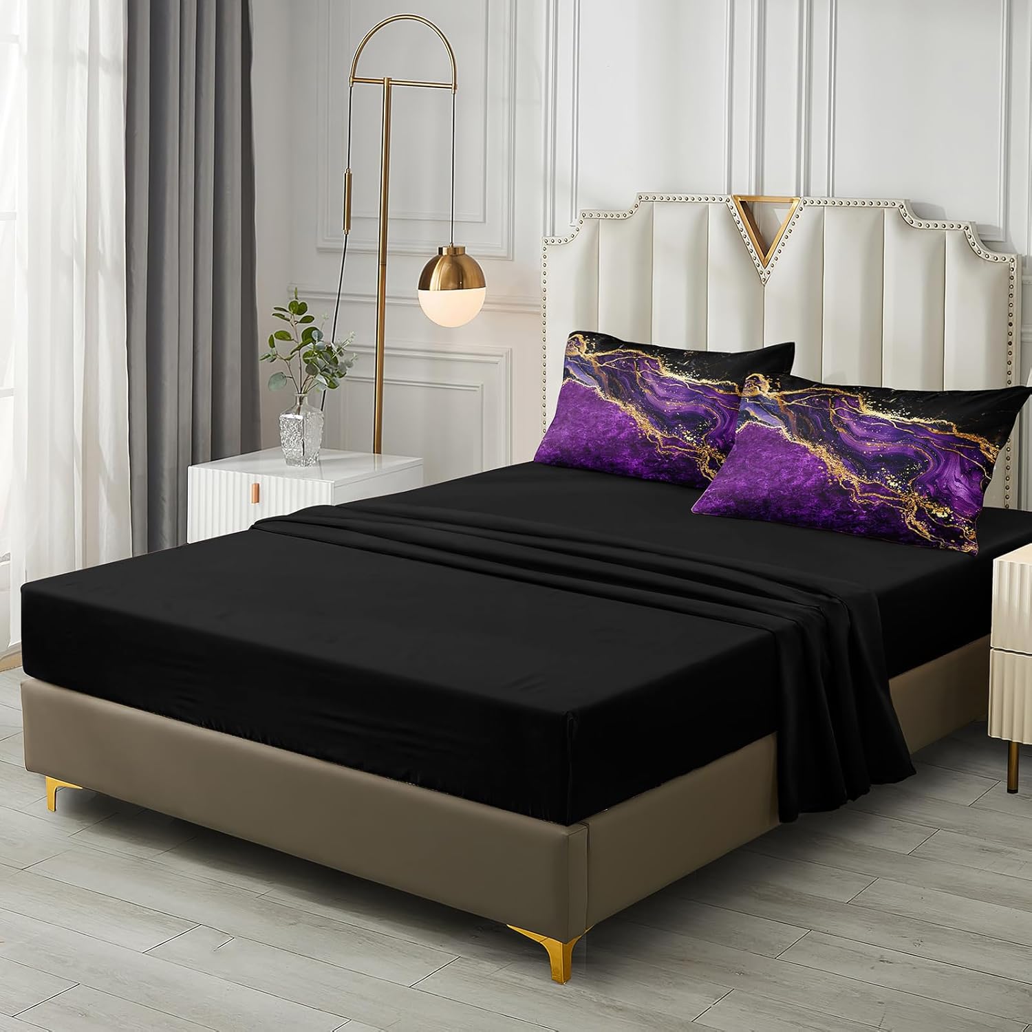 Gold Comforter Set 8 Pcs Purple Bedding Set Queen Size Bed in A Bag Purple and Black Marble Stone Texture Abstract Room Decor - Image 6