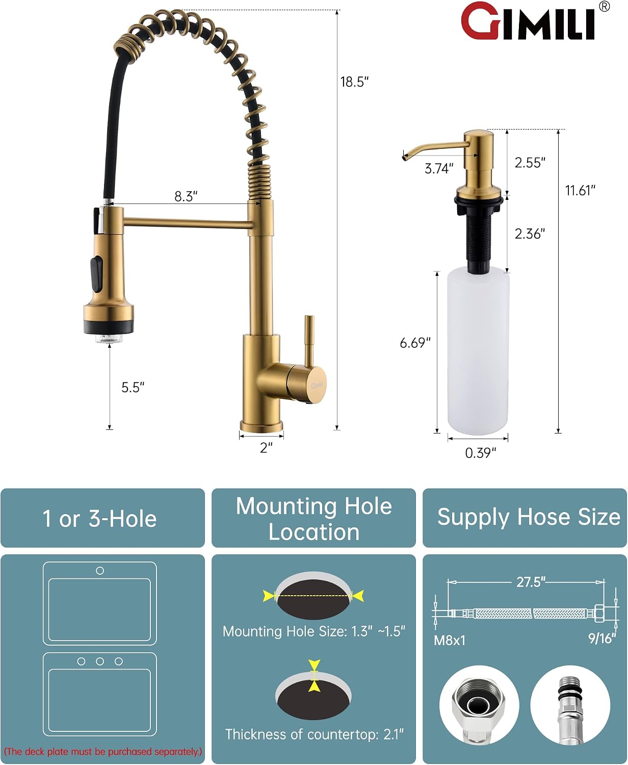 GIMILI Gold LED Kitchen Faucet with Soap Dispenser and Pull Down Sprayer image 2