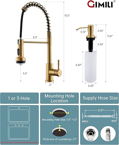 Miniatura 2 de GIMILI Grifo de cocina LED dorado con dispensador de jabón, modernos grifos de fregadero de cocina de resorte de una sola manija con rociador