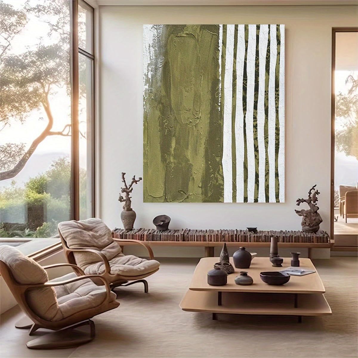 VCBNUGH Decorazione murale astratta verde oliva, stampa su tela a righe bianche, arredamento per la casa verde e bianco, dipinto astratto moderno (50x70 cm/con cornice)