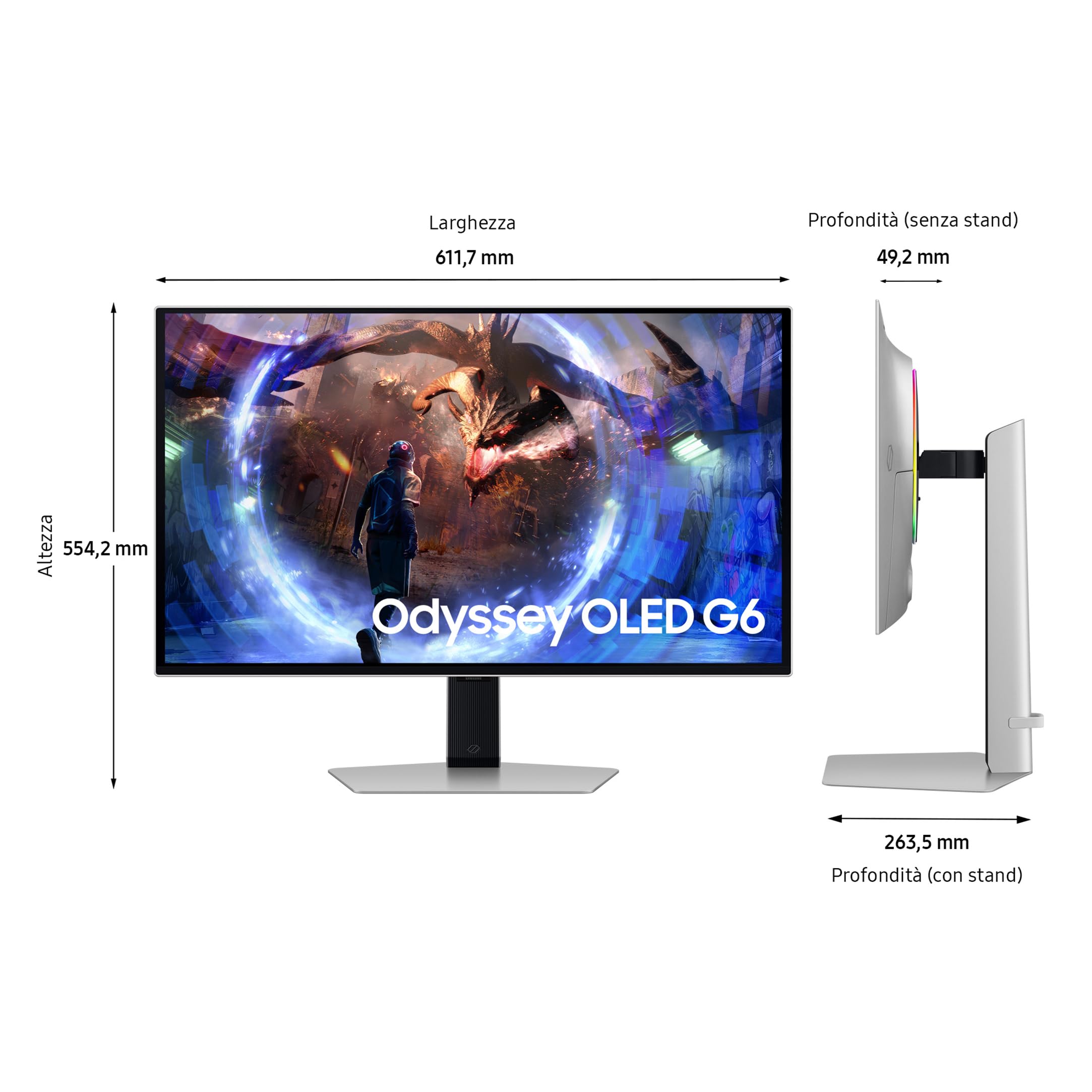 Samsung Monitor Gaming Odyssey OLED G6 (S27DG602), Flat, 27'', 2560x1440 (QHD), 16:9, HDR10+, OLED, 360Hz, 0,03ms (GtG), FreeSync Premium Pro, HDMI, USB, DP, HAS, Pivot