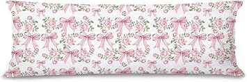 Coquette Preppy Pink Bow Floral 21x54 Body Pillow Cover Case, Floral Room Decor, Coquette Preppy Room Dorm Decor, Cottagecore Rose Decorative Long Hug Pillow Cases for Bed Couch