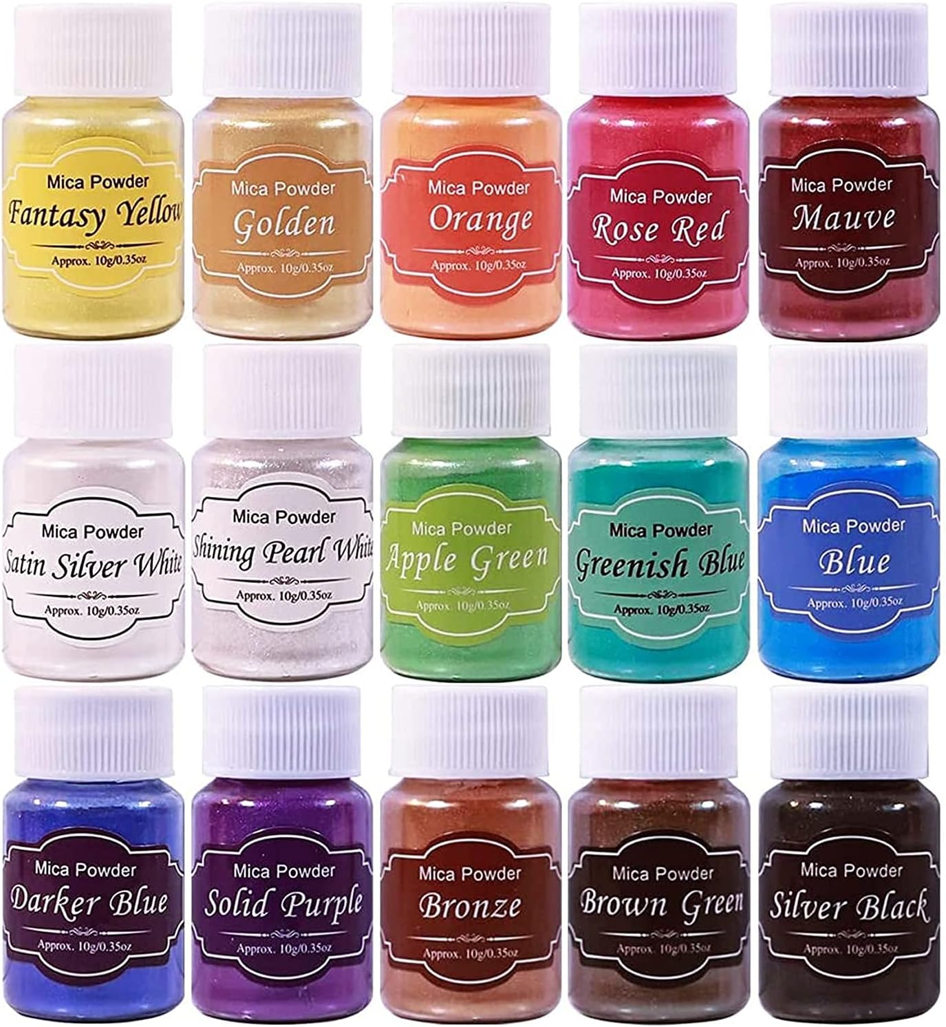 DEWEL Mica Powders, 15 Boxes Colors Epoxy Resin Pigment, Natural Mica Powder Slime Pigments with Pearlescent Pearl Luster for Soap Dye Bath Bomb Soap Making Nail Art Eye Shadow Makeup (10g/Bottle)