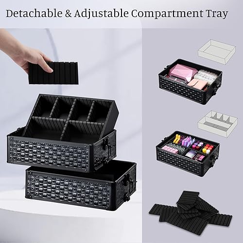Vista 19 de Adazzo Maleta de maquillaje 4 en 1 con ruedas para cosméticos, caja de tecnología de uñas para artistas de maquillaje, estilistas, estuche de Negro
