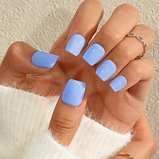 KQueenest Sky Blue Press On Nails Short - Acrylic Press On Nails Square, Sheer Light Blue Short Fake Nails with Glue, Glossy Opaque, Reusable Soft Gel Glue on Nails for Women Gift, 24 Pcs