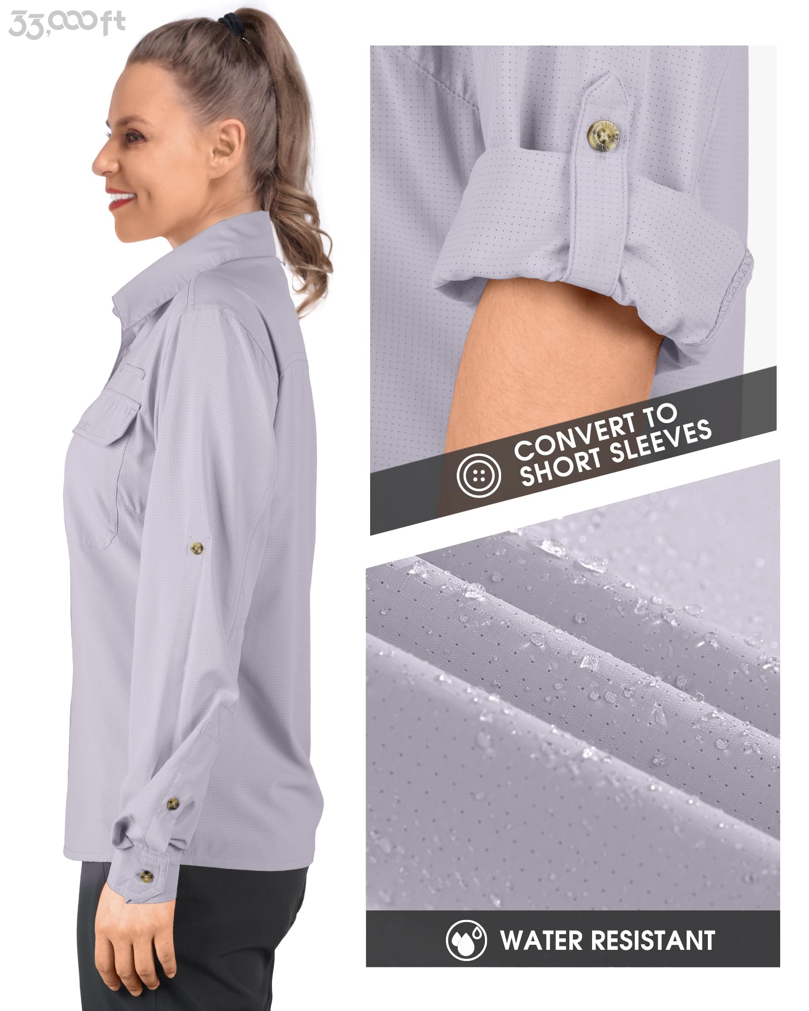 33,000ft Camicia da donna UPF50+, protezione UV, ad asciugatura rapida, per il tempo libero, a maniche lunghe, funzionale, per pesca, safari, viaggi, golf