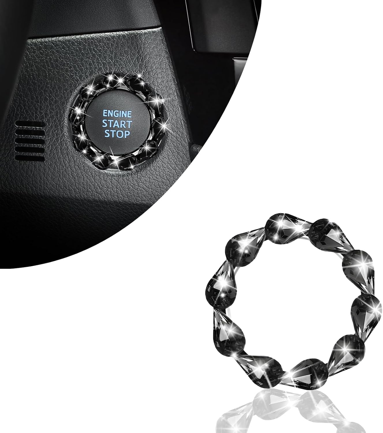 1 PC Crystal Rhinestone Car Engine Stop Decoration Ring, Shiny Key Ignition and Knob Ring, Bling Car Button Start Button Cover for Women (Water Drop Black)