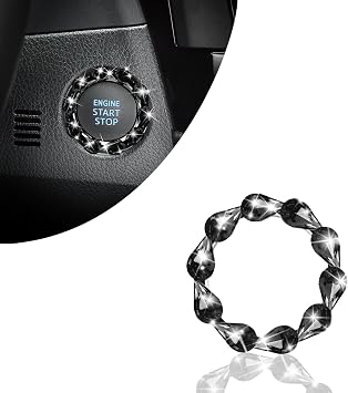 1 PC Crystal Rhinestone Car Engine Stop Decoration Ring, Shiny Key Ignition and Knob Ring, Bling Car Button Start Button Cover for Women Water Drop Black