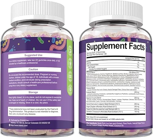 Miniatura 9 de Totaria Gomitas prebióticas prebióticas 5 en 1 sin azúcar, 36 cepas de probióticos para mujeres y hombres con enzimas digestivas, menta, inmune