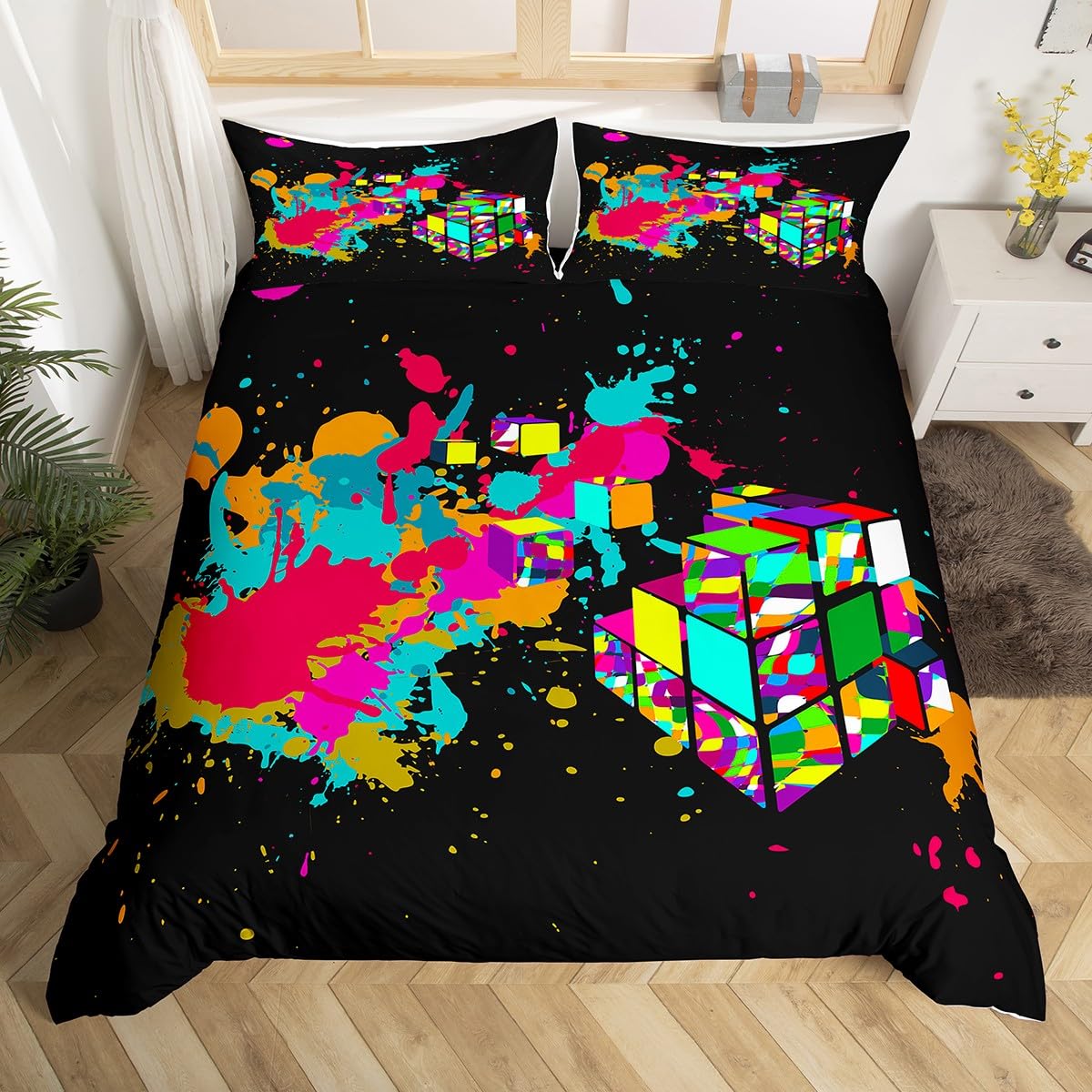 feelingyou Watercolor Graffiti Duvet Cover Double, Tie Dye Colorful Rubik Pattern Bedding Set