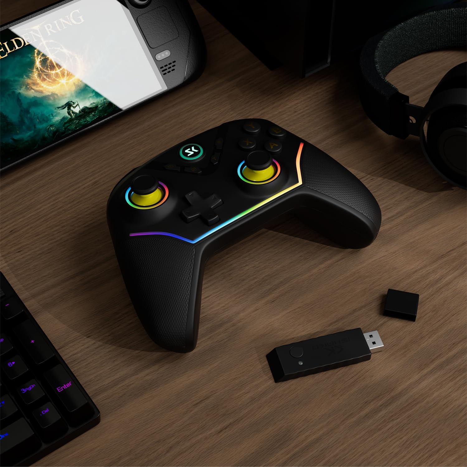 Wireless PC Controller with Hall Effect Joysticks & Triggers, 1000Hz Polling Rate, Trigger Locks, Bluetooth Pro Gaming Controller for PC/Steam/Luna/Tesla - 4 Macros and Turbo, Dynamic RGB, Black