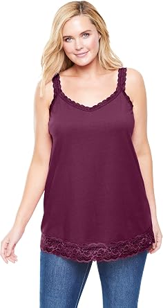 Woman Within Lace-Trim V-Neck Tank