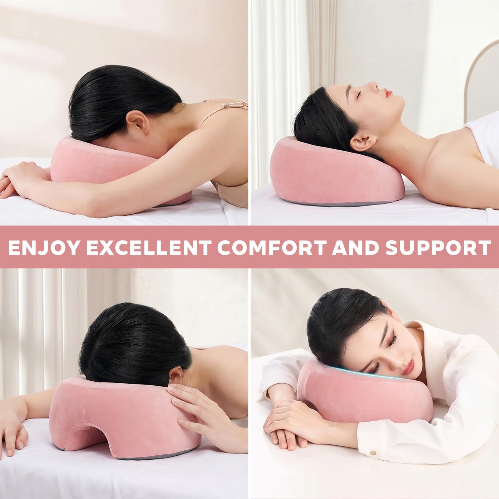 Almohada de Masaje Facial Boca Abajo con Agujero - Reposacabezas en Forma de U con Espuma Viscoelástica - Ideal para Camillas de Masaje, SPA, Salones de Belleza y Uso Doméstico（Rosa）