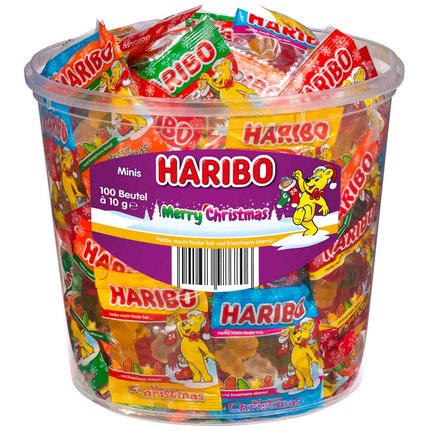 HARIBO Christmas Minis 1kg Vorratseimer | 100 einzeln verpackte Fruchtgummi-Tütchen im Weihnachtsdesign | Süßigkeiten-Mix für Nikolaus, Adventskalender, Kinder & Geschenkideen