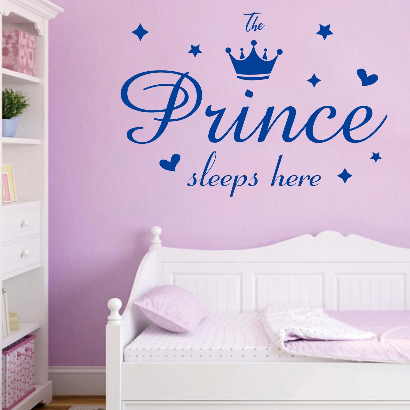 Vinyl Wall Decals Quote The Prince Sleeps Here Blue Crown Diamond Wall Stickers Removable DIY Art Words Mural Wallpaper Decor for Boys Kids Bedroom Nursery Home Decoration