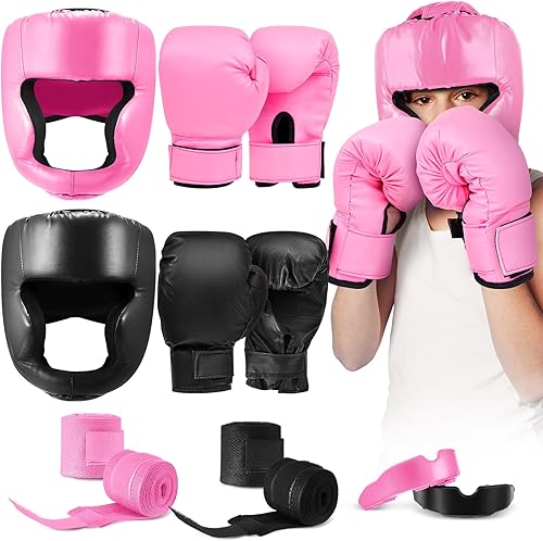 Miniatura 10 de Kanayu Juego de 12 piezas de equipo de boxeo para niños principiantes de 6 a 18 años, incluye casco de boxeo y guantes, vendas, protectores bucales