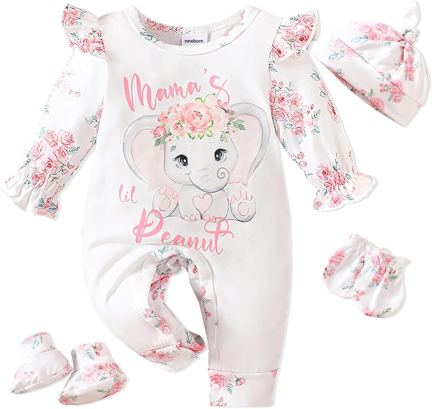 Newborn Baby Girl Outfits Infant Romper Coming Home Ruffled Jumpsuit with Hat Mittens+Booties