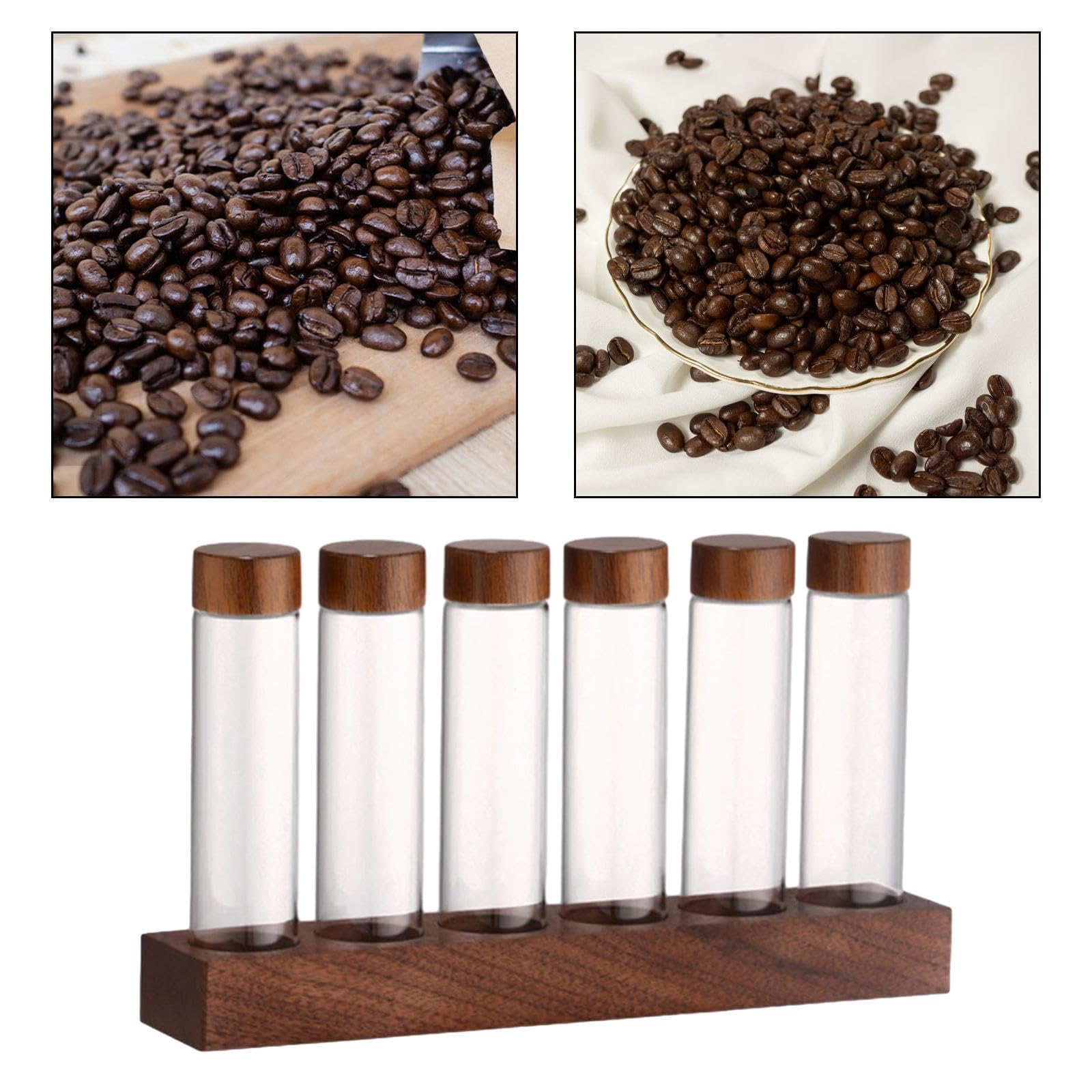 Reagenzglas Set Aus Glas, Aufbewahrungsröhrchen für Einzeldosis Kaffeebohnen mit Deckel, Präsentationsständer Aus Holz, Kaffeekeller für Die Speisekam