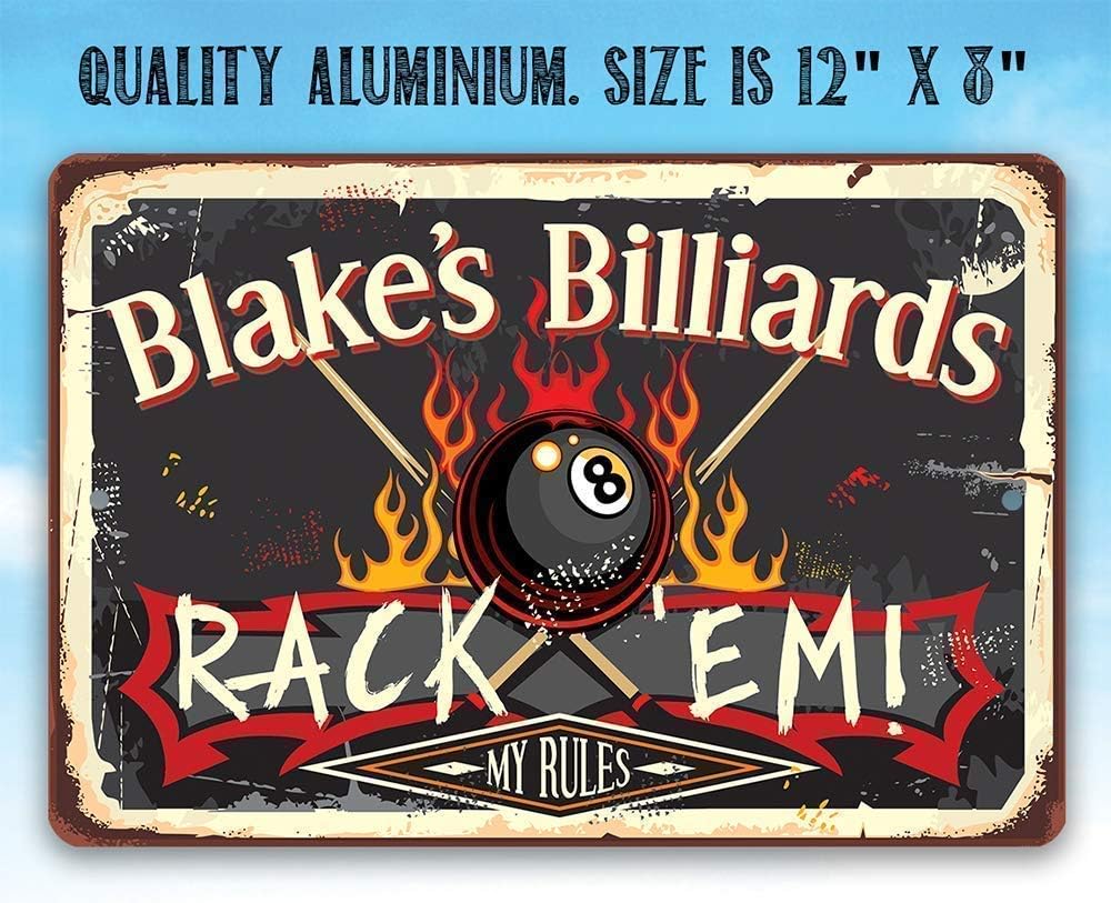 Personalized Rack 'Em Billiards Sign - Great Pool Room and Sports Game Sign, Retro Vintage Pool Table Home Decor, Custom Gift for Billiard Players, 8x12 or 12x8 Use Indoor or Outdoor Metal Sign