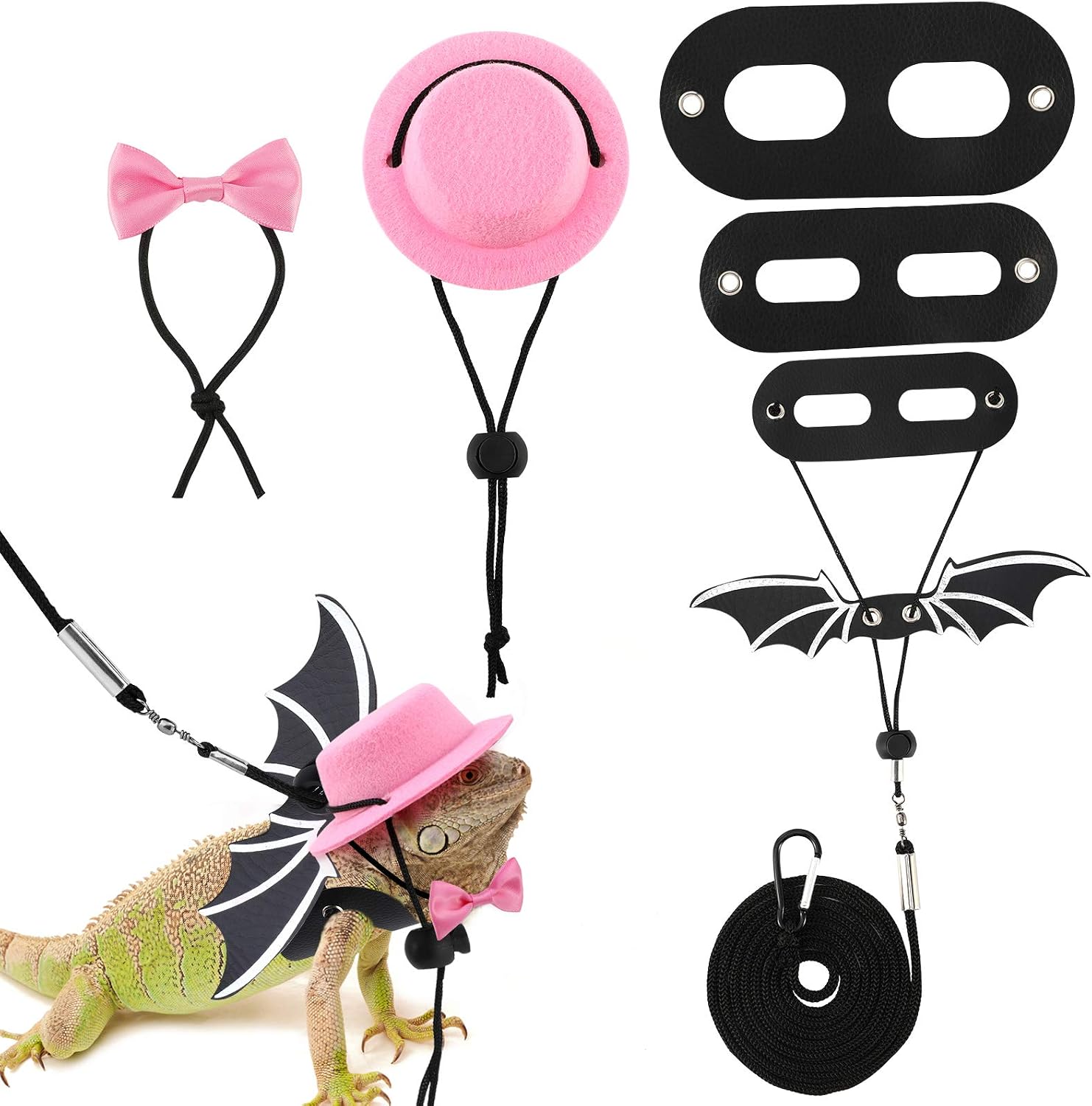 Pawaboo Adjustable Harness and Leash, 3 Size Leather Reptile Leash Outdoor Leash with Bat Wings Felt Hat Bow Tie Set for Lizard Reptiles…