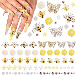 Tatiwoo 88 Pcs Nail Charms & Gems: Daisy, Bee, Butterfly, Mixed Sizes, Acrylic & Resin