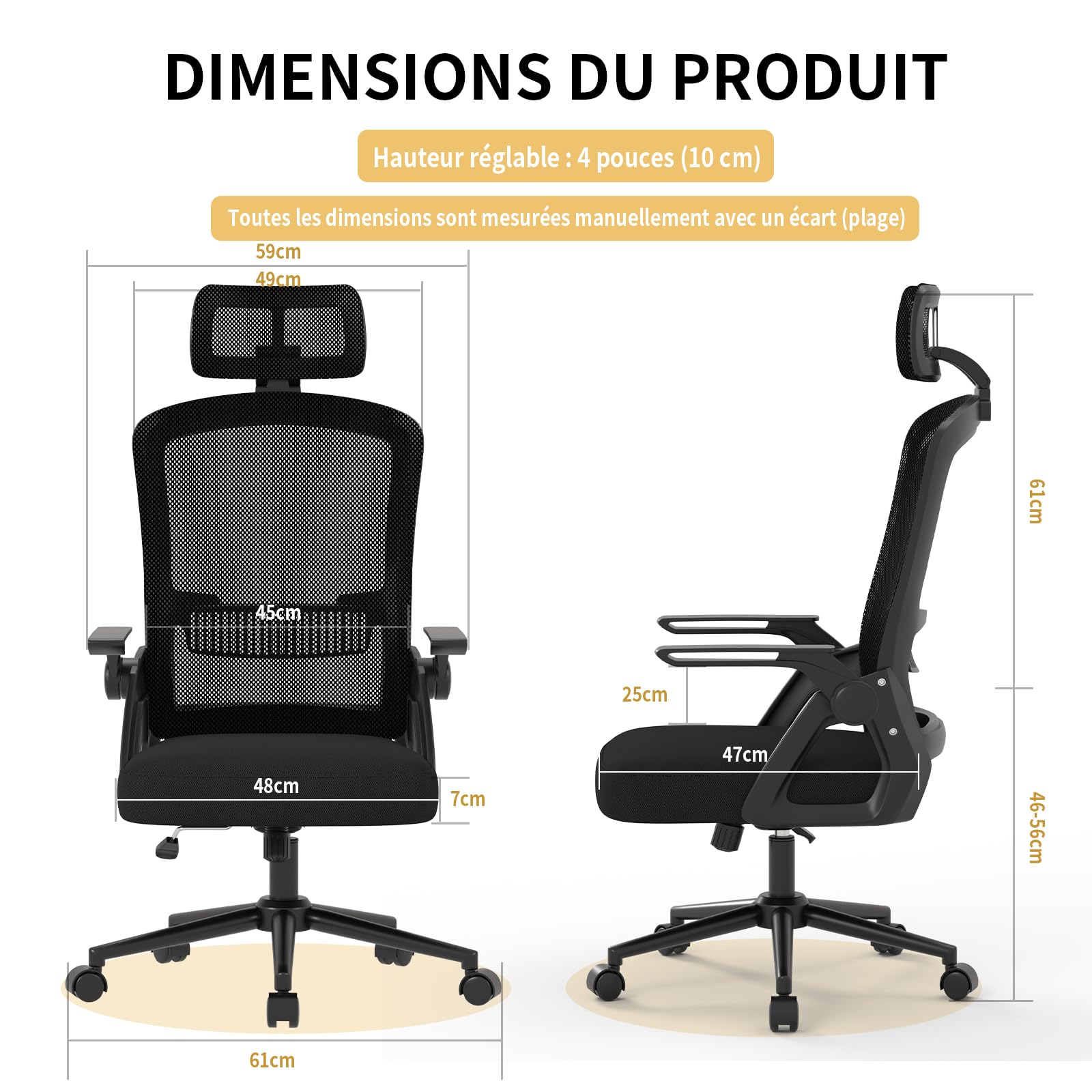 naspaluro Chaise de Bureau Ergonomique avec Appui-tête Réglable,Noir