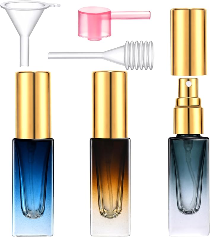 Yikimyfo Kit com 3 frascos atomizadores de perfume em vidro, 5 mL, com tampas douradas e acessórios