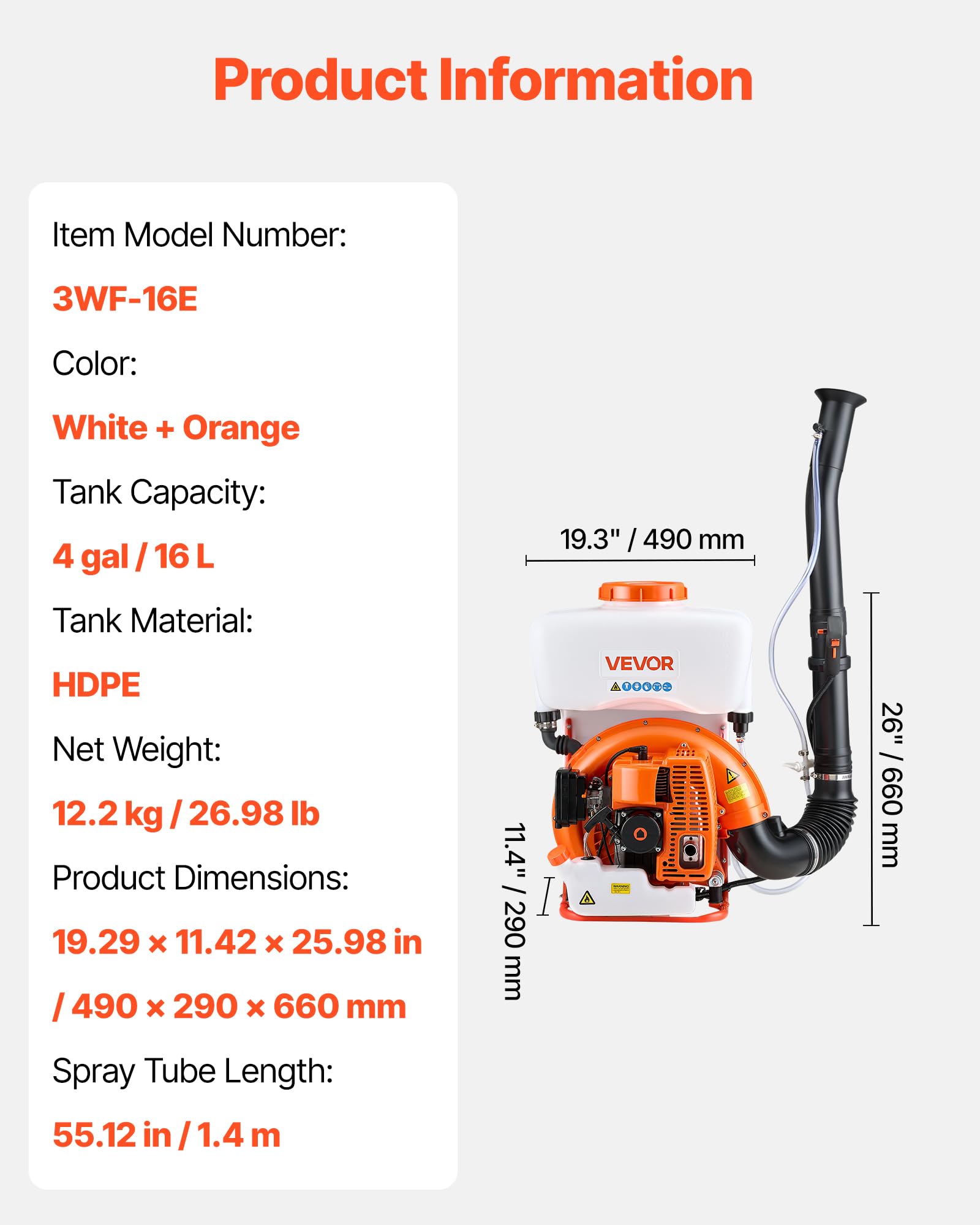 VEVOR Pulverizador de Mochila, 63 CC, Motor de 3 HP, con Tanque de 16 L, Sistema de Nebulización de Polvo y Líquido, para Jardinería, Agricultura e Invernaderos de Hortalizas, 490 x 290 x 660 mm