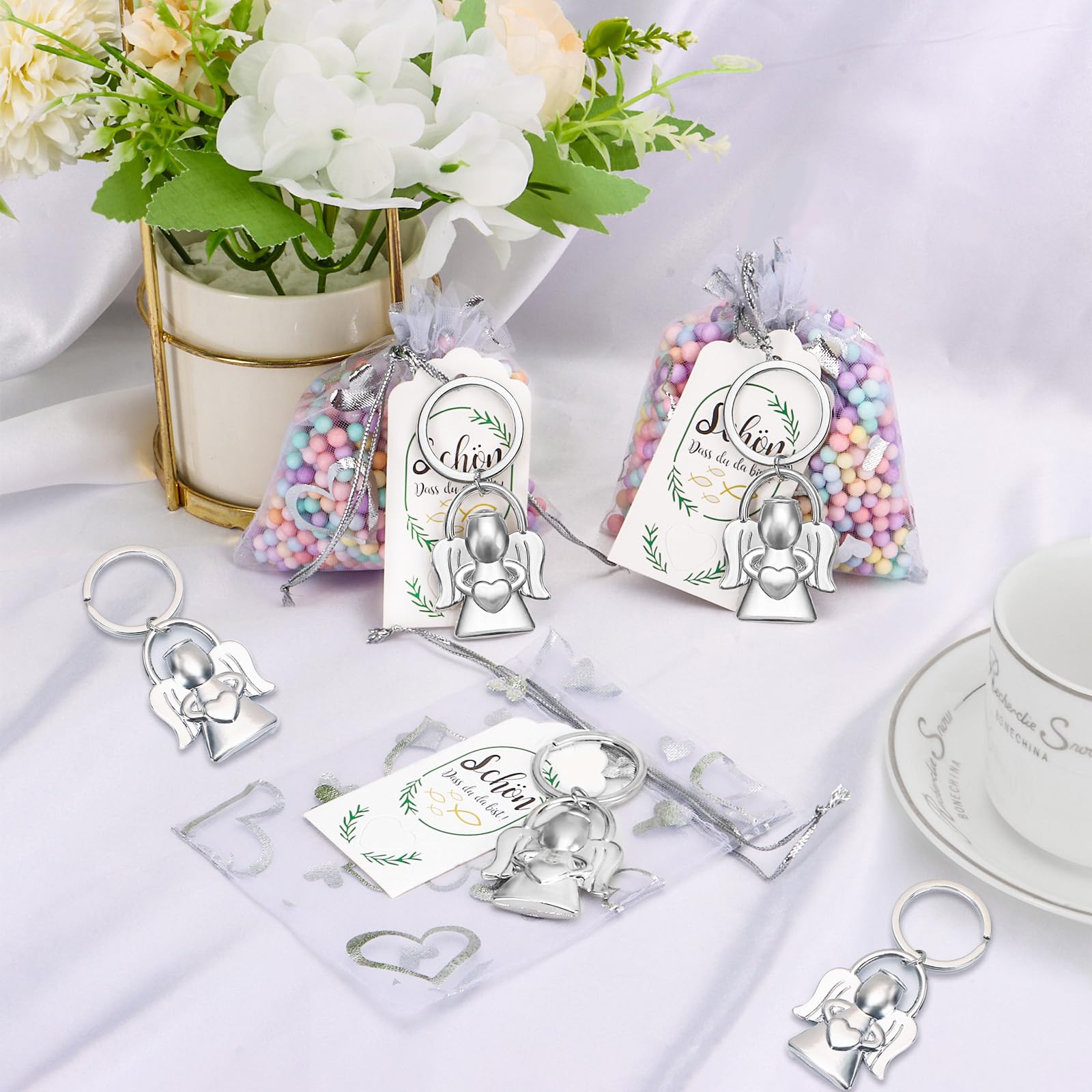 30PCS Schutzengel Schlüsselanhänger Glücksbringer,Glücksbringer Engel Herz Anhänger, Gastgeschenke Schutzengel Anhänger für Hochzeit Abschiedsgeschenk Weihnachtsgeschenke,Taufe,Kommunion (Silber)