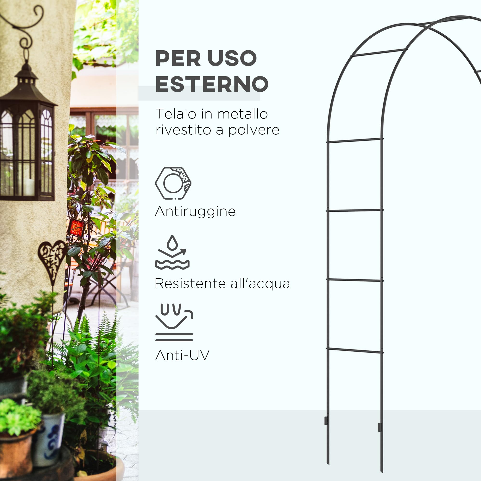 Outsunny Arco per Rose Rampicanti in Metallo, Arco da Giardino di Supporto per Piante Rampicanti, 140x40x240cm, Nero