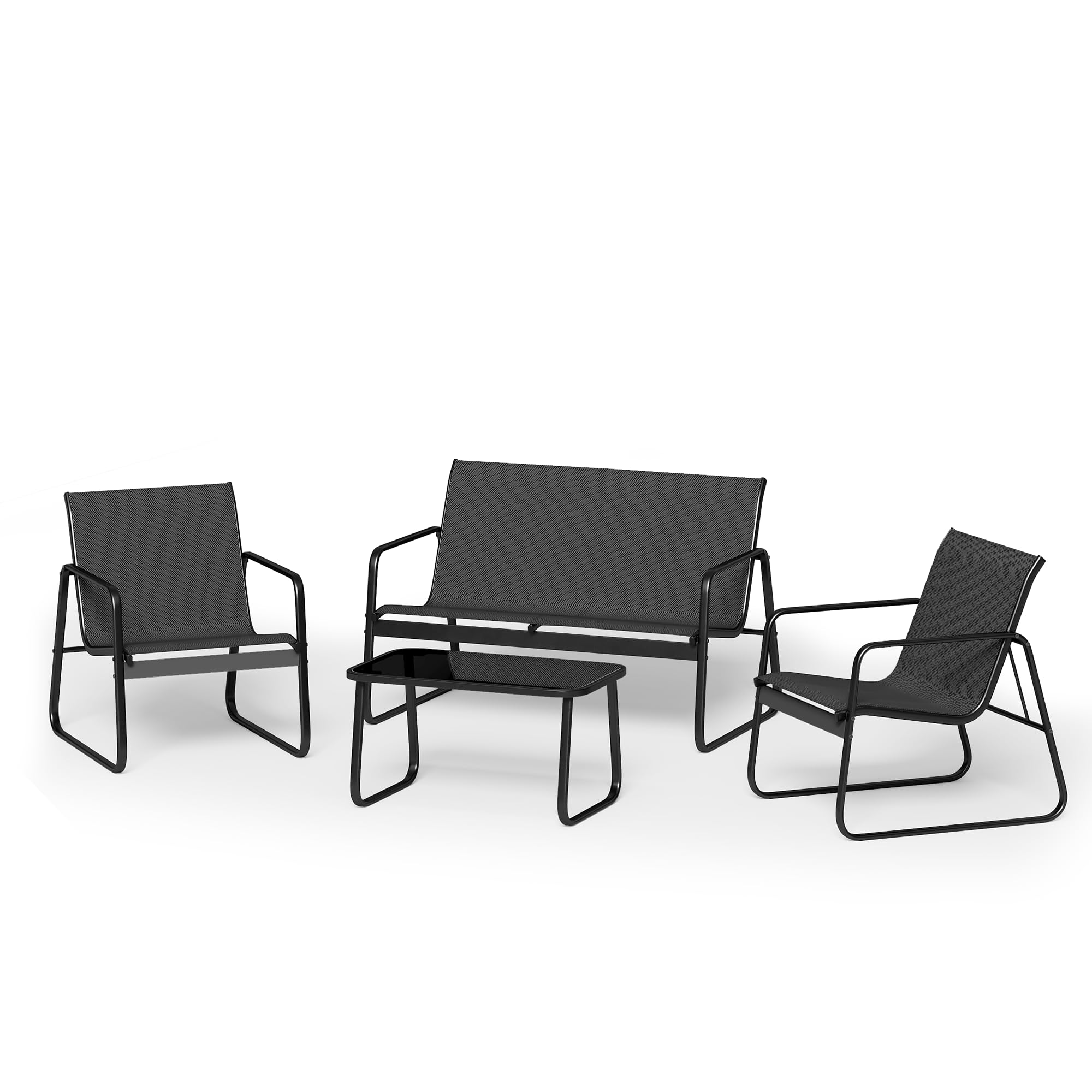 Conjunto de Jardín de 4 Piezas, con 3 Sillones y Mesa de Cristal, Muebles de Exterior para Patio, para Todas Las Estaciones, Terraza, Jardín, Balcón y Exteriores, Negro (Ensemble de 4 pièces)