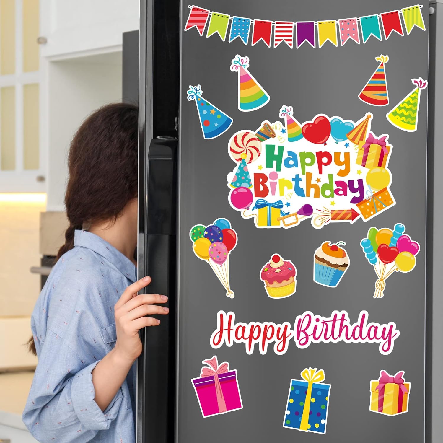 14 Pcs Birthday Car Decorations Door Decorations Birthday Banners Reflective Magnet Stickers Balloon Box Colorful Magnets for Car Refrigerator Door Metal Surface(Cake) - Image 4