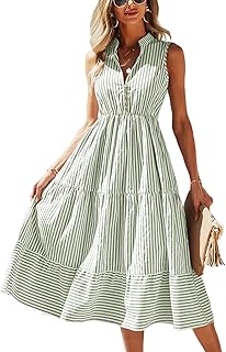 BROVAVE Womens 2024 Summer Sleeveless Shirt Dress Collar Striped V Neck Casual Midi Dresses
