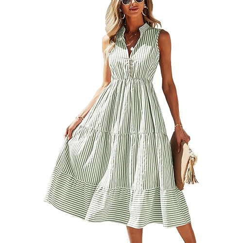 BROVAVE Womens 2026 Summer Sleeveless Shirt Dress Collar Striped V Neck Casual Midi Dresses