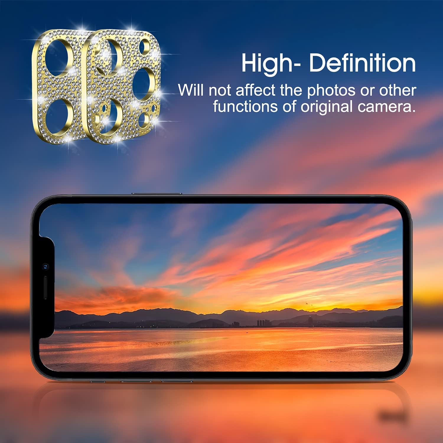 Jusy [2 Pack] Bling Camera Lens Protector Compatible with iPhone 12 Pro max 6.7", Rear 3D Glitter Diamond Lens Protective Decoration Cover for iPhone 12 Pro max [Case Friendly] (Gold)